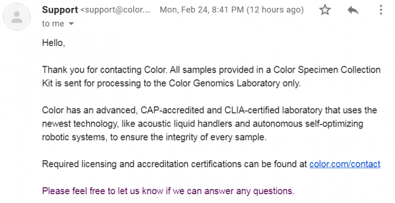 Color Genetic Testing Customer Support Response