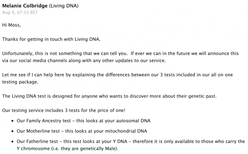 Living DNA Customer Support Response