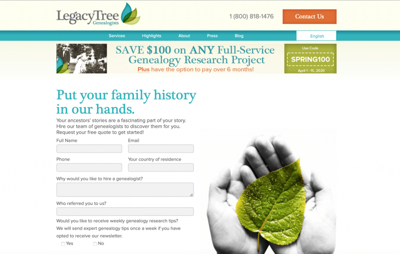 Legacy Tree website - home page and contact form