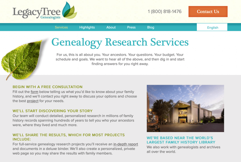 Legacy Tree website - Services page