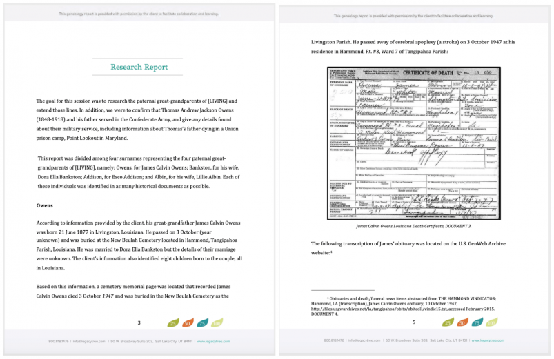 Sample Pages from a Legacy Tree Genealogists' Research Report