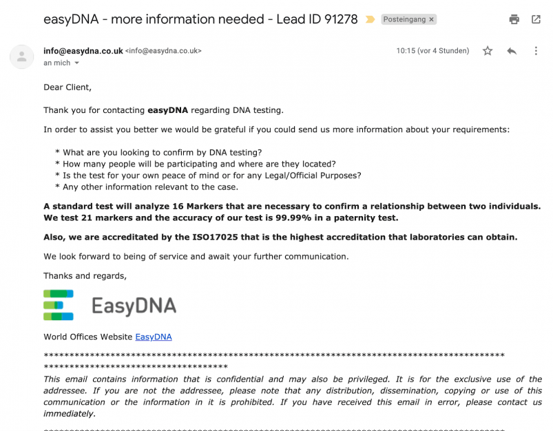 EasyDNA Customer Support Response