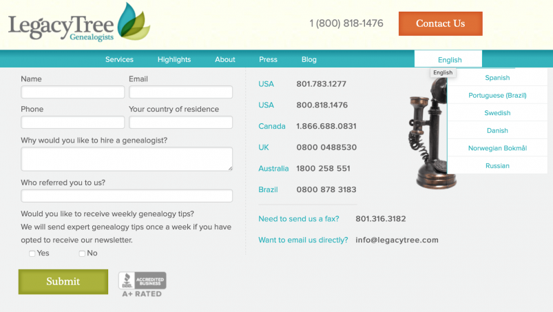 Legacy Tree website - Contact Us page