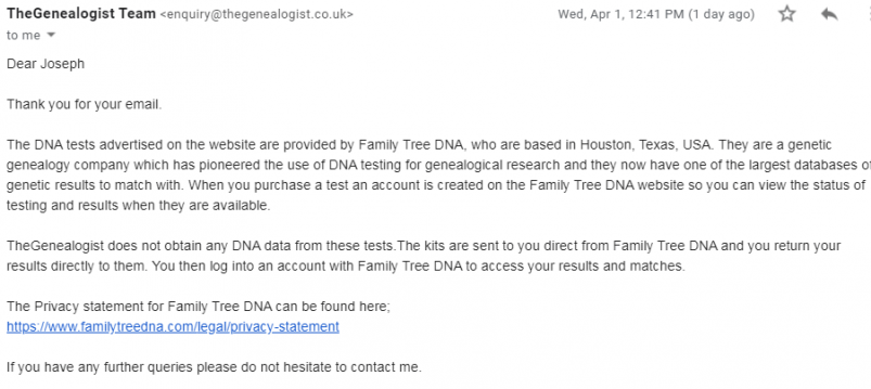 TheGenealogist's customer support email response