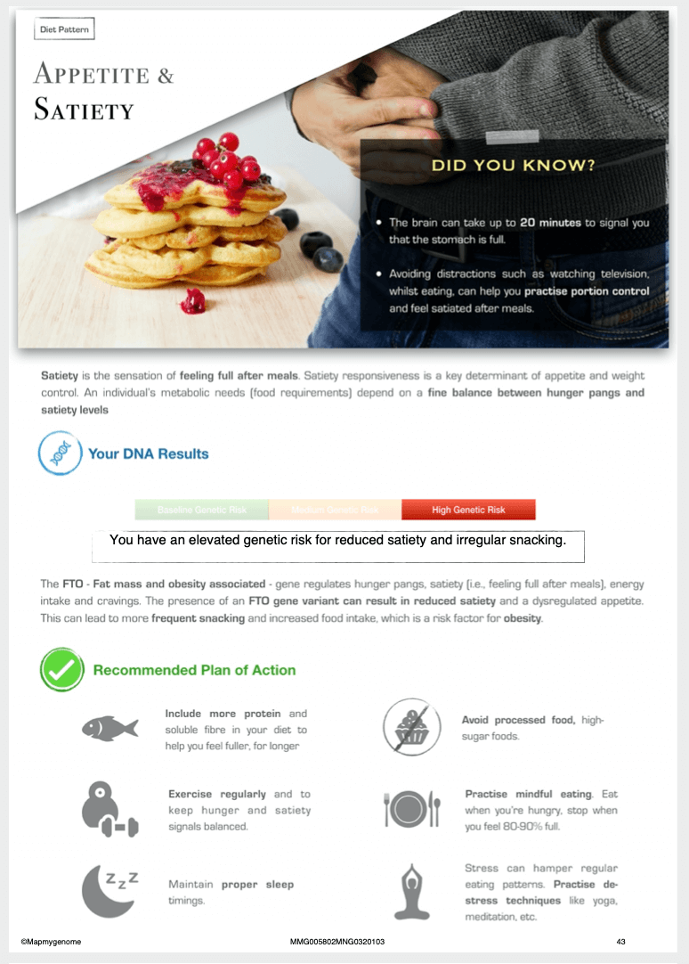 Mapmygenome's MyNutriGene Report's Appetite and Satiety Section