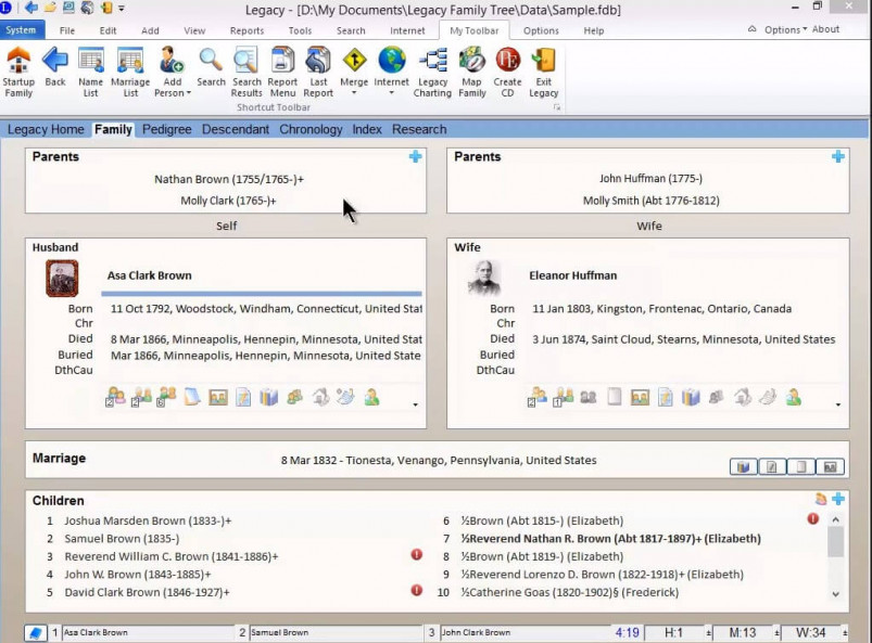 Legacy 9.0 Family Tree's software interface looks and feels like early 2000s Windows, but its numerous menus and tools are clearly labeled to help you find your way.