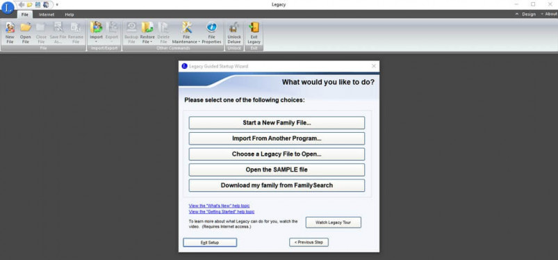 Legacy 9.0 Family Tree’s guided setup wizard helps you import existing family tree data or start a new file
