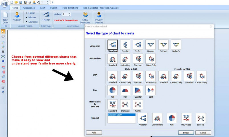 Legacy 9.0 Family Tree is unmatched with its numerous charting options, including DNA charts