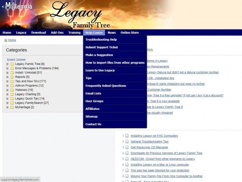 You’ll find a wealth of support on Legacy’s website. Options include email, online webinars, a FAQ, and an extensive collection of help articles.