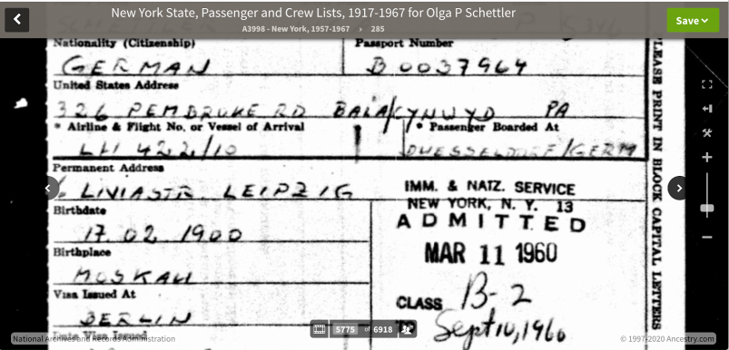 Emigration Record from Family Tree by Ancestry's Database