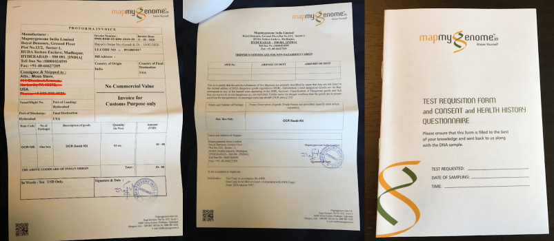 Samples of Mapmygenome's extensive paperwork that must be mailed in with your DNA sample