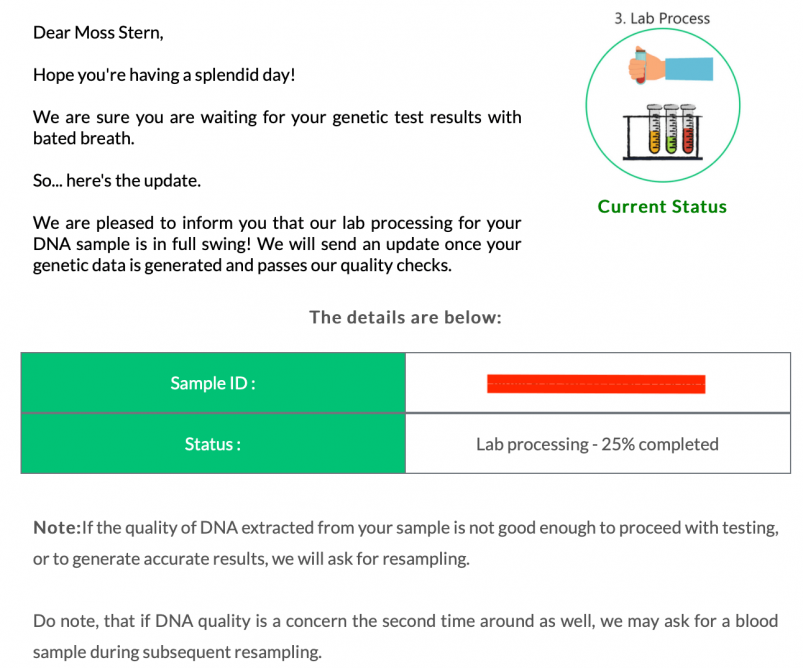 Update from Mapmygenome letting me know that my sample was in the process of being analyzed