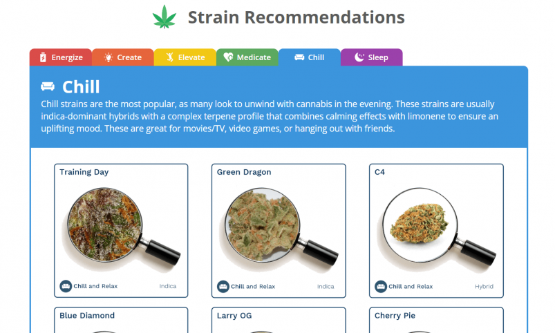 Strain Genie's cannabis health report includes strain recommendations for different activities