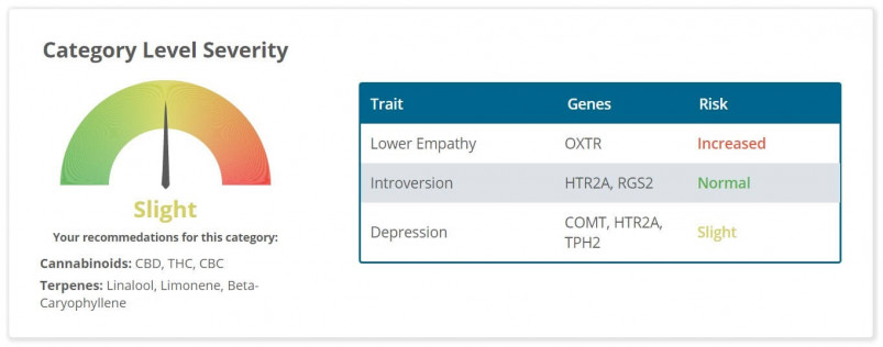 The mood/personality section of Strain Genie's cannabis health report looks at your risk for things like introversion and depression