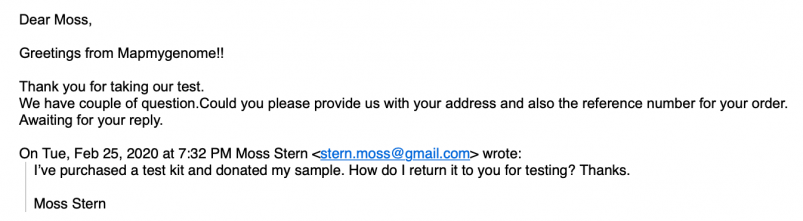 Mapmygenome's Inquiry Response Email