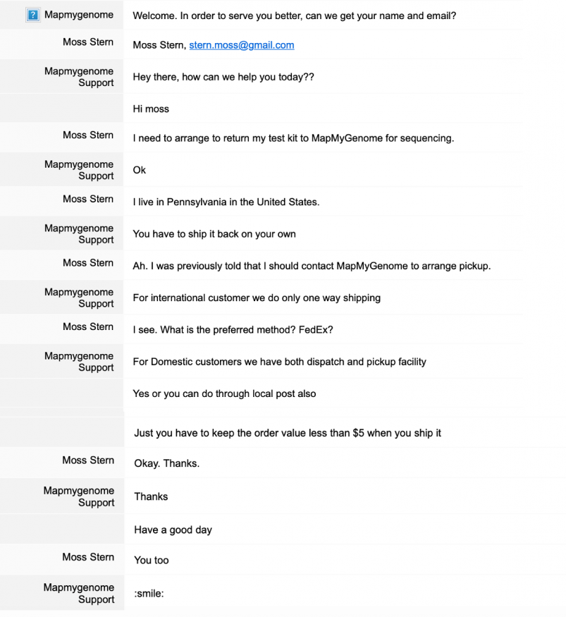 Mapmygenome's Support Chat About Return Shipping