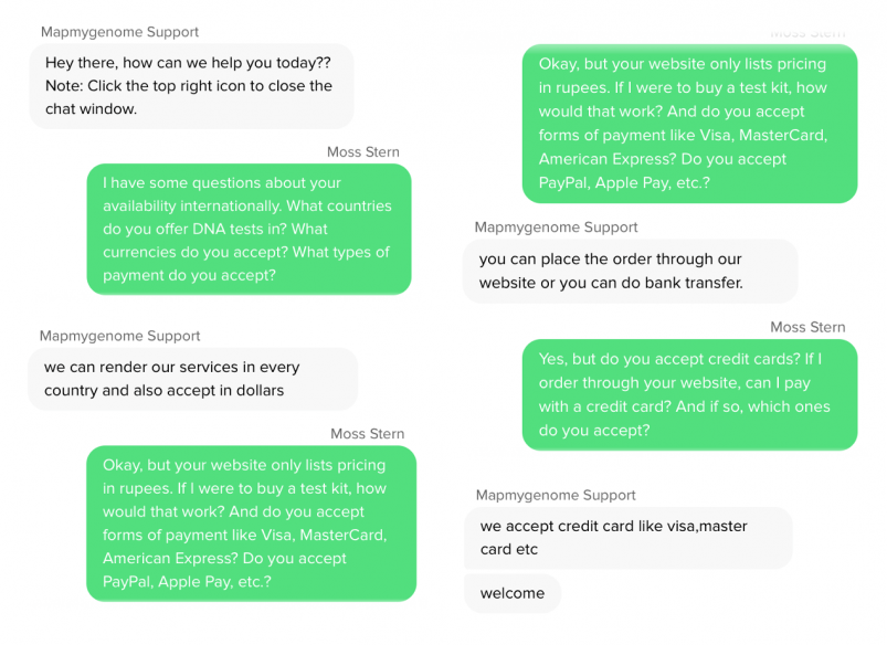 Mapmygenome Support Chat re: Delivery Range, Currencies, and Payment Methods