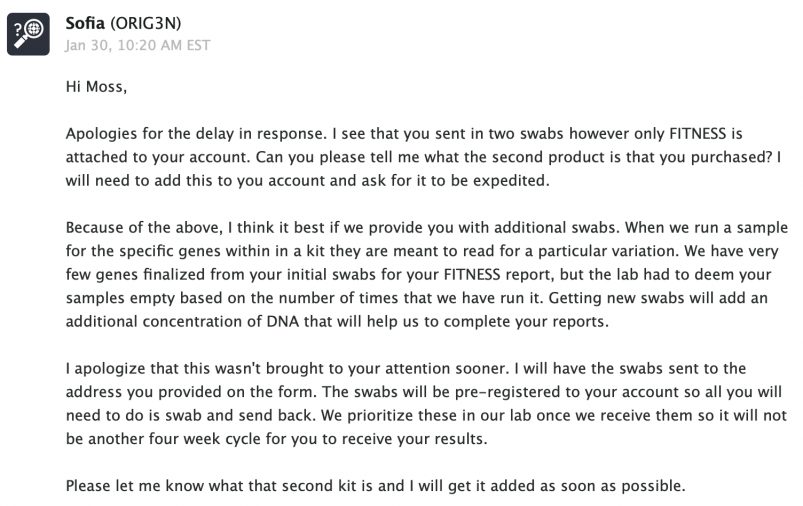 Orig3n customer service inquiry response #1