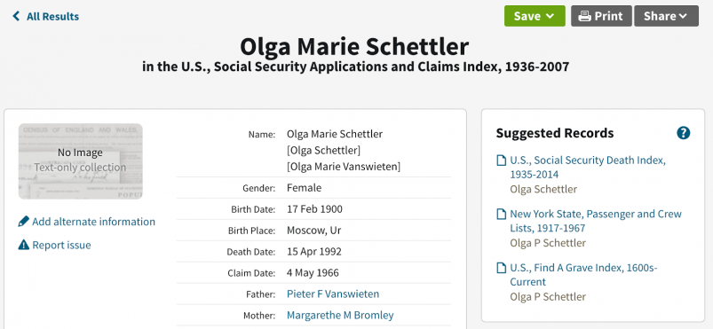 My grandmother's social security claim (via Ancestry.com)