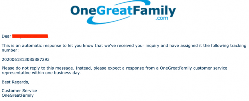 OneGreatFamily inquiry acknowledgement email