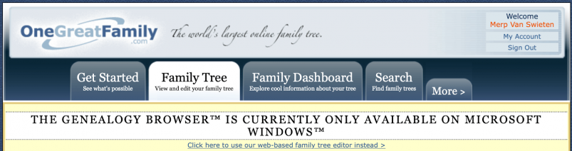 OneGreatFamily - Genealogy Browser only available on Windows