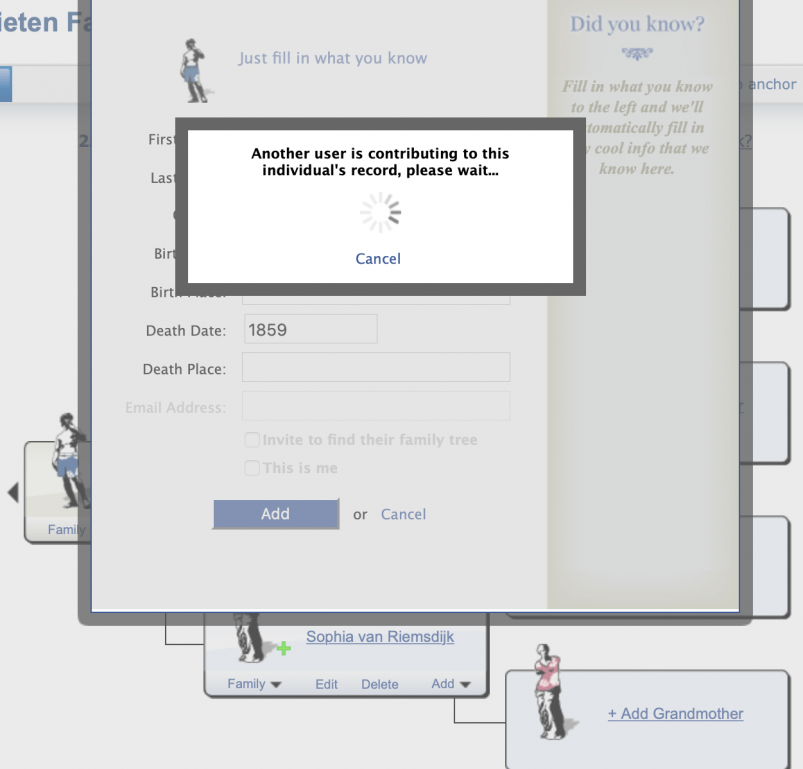 “Another user is contributing to this individual’s record, please wait...”
