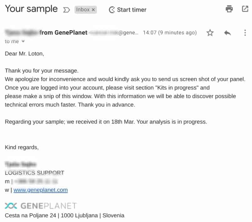 GenePlanet’s email response using online form