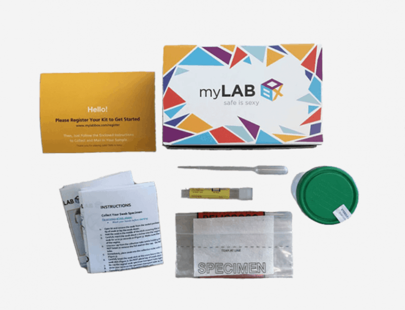 MyLab Box at home STD test with swab, urine, and blood collection methods.