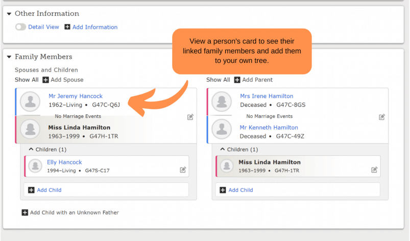 Find possible ancestors by viewing people's cards and linked relatives.