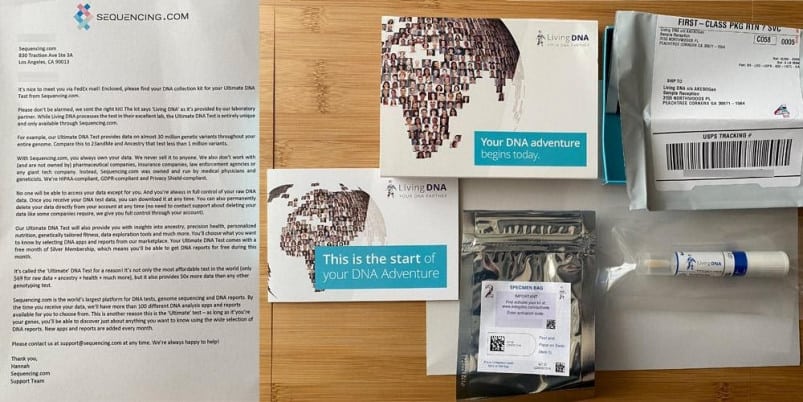 Sequencing.com Welcome Letter and DNA Collection Kit