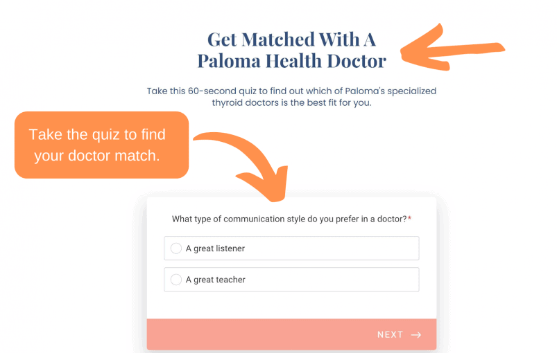 Paloma Health online doctor matching quiz.