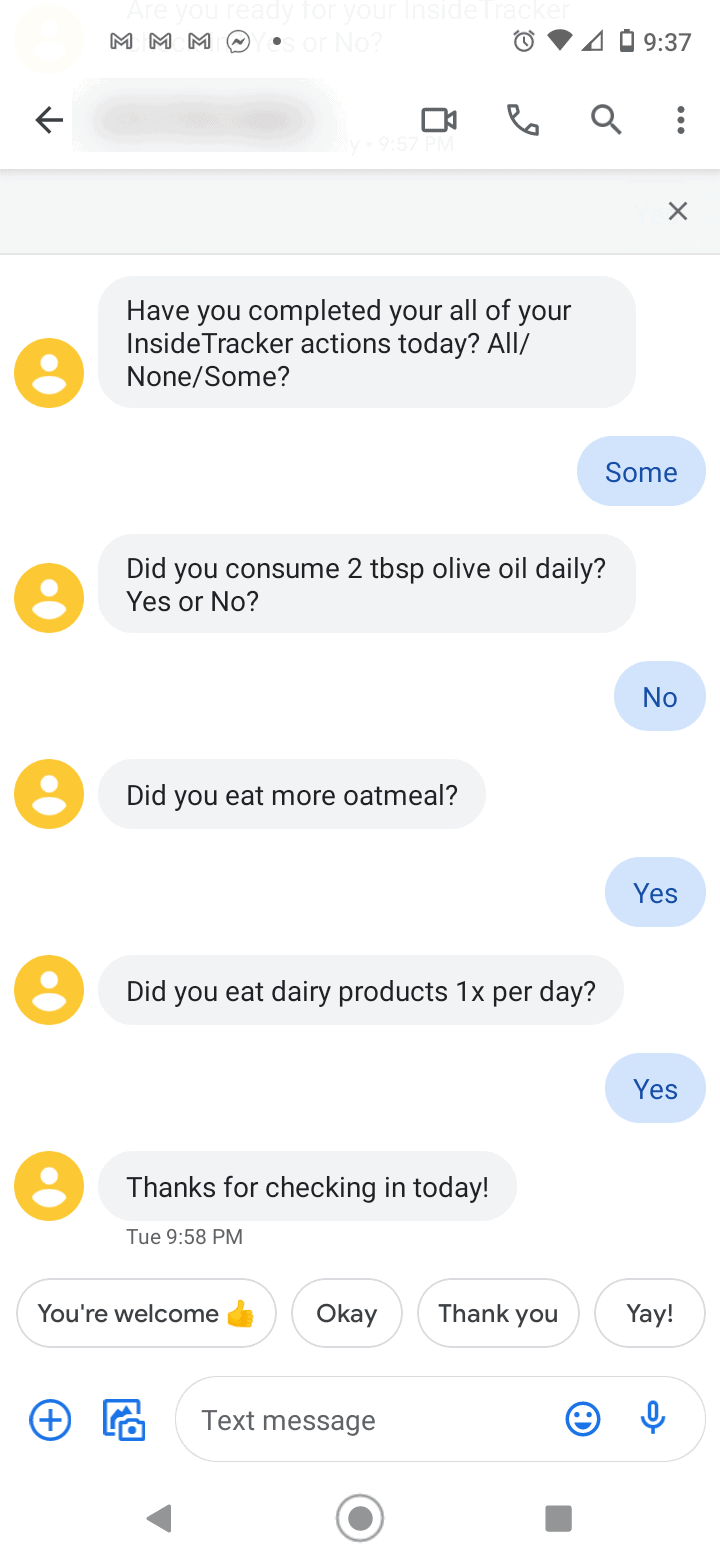 InsideTracker daily goals check-in via text, questions and replies