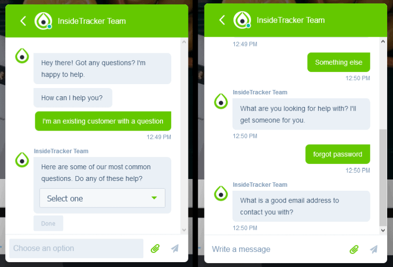 InsideTracker customer support live chat app