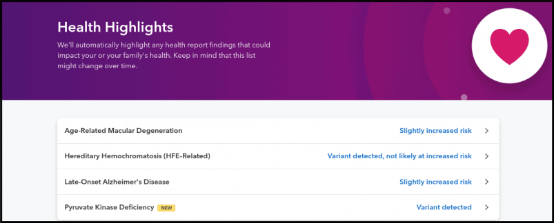 23andMe Healt Highlights