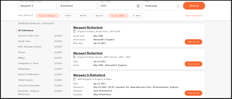 MyHeritage SuperSearch Results